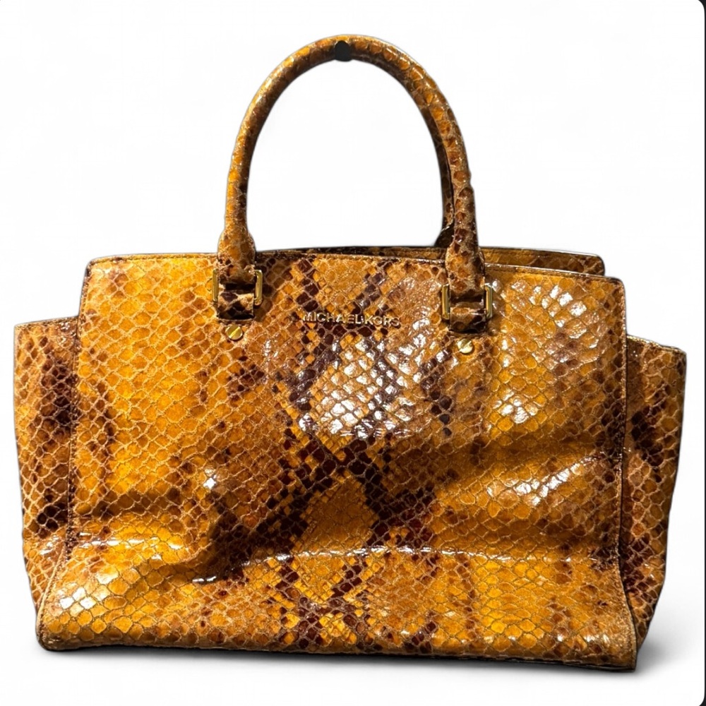 Michael Kors Yellow and Brown Satchel with Snake Print